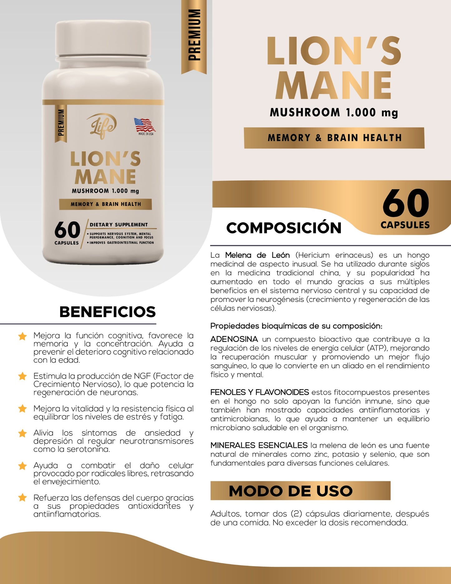 LION’S MANE PREMIUM – Apoyo Cognitivo Natural para Claridad Mental y Enfoque Diario