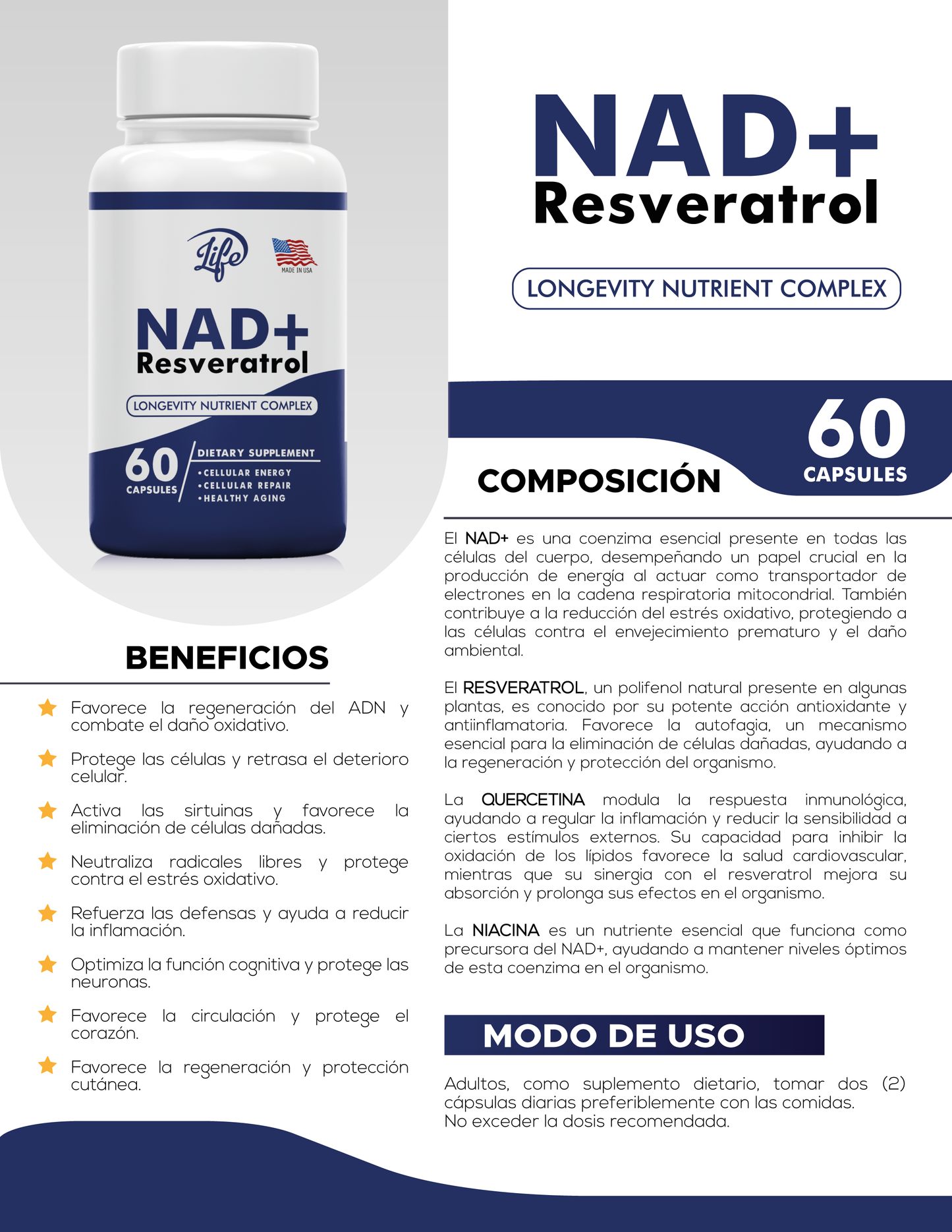 NAD+ Resveratrol: Potente Anti-Envejecimiento y Energía Celular