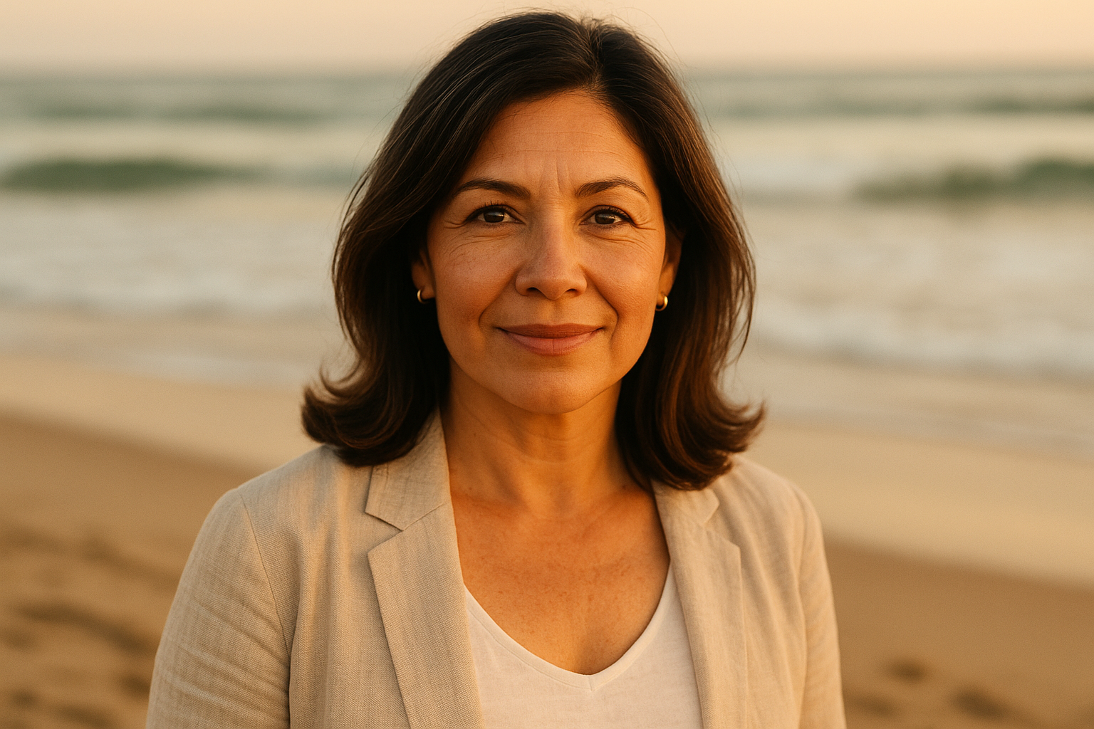 Mujer latina 50 años foto de perfil en la playa